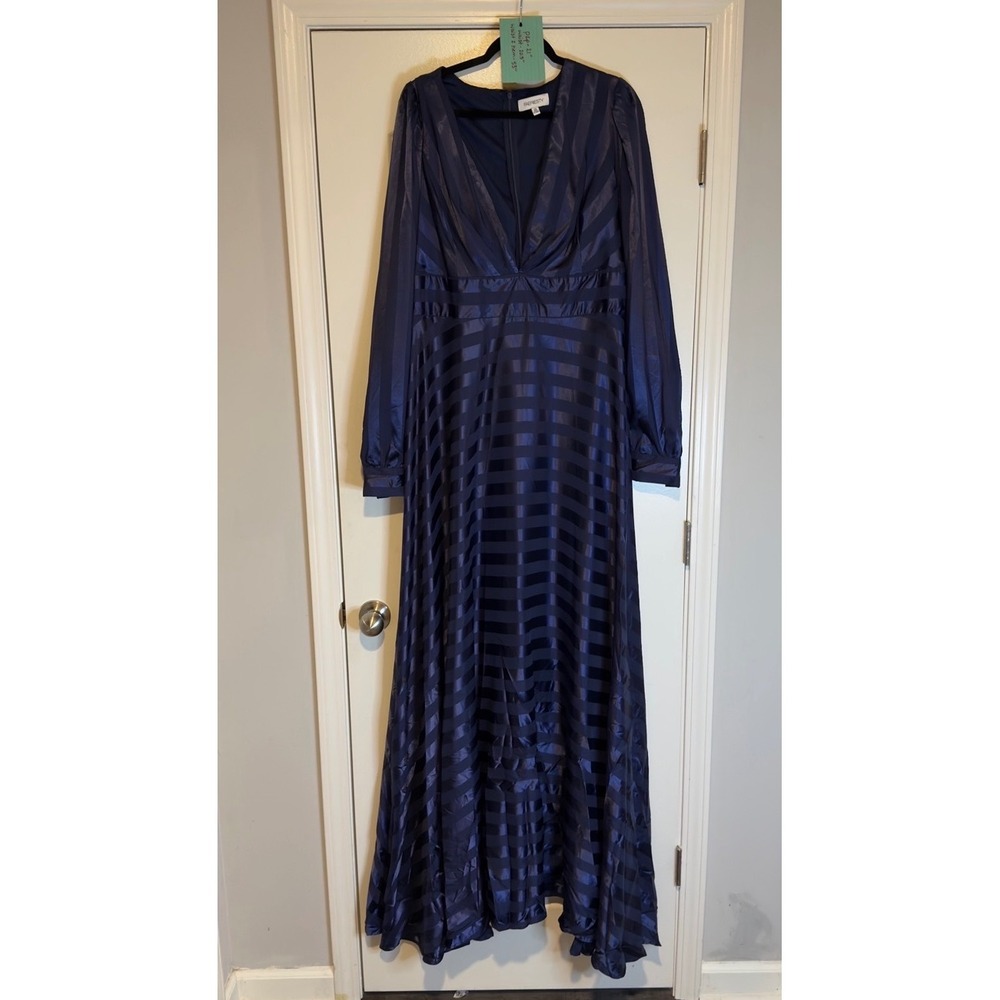 FAERIESTY Navy Blue Striped V Neck Long Sleeve Maxi Dress Women's 3XL‎